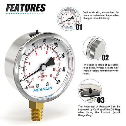 MEANLIN MEASURE -30inHG~160Psi Stainless Steel 1/4" NPT 2.5" FACE DIAL Vacuum Pressure Gauge, Lower Mount, with 1/2" NPT and 3/8" NPT Hex Bushing - size: -30inHG-160Psi