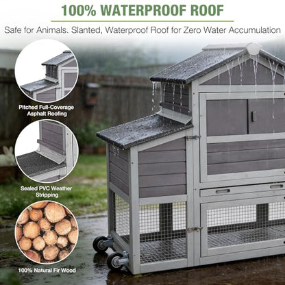 Mobile Chicken Coop with Wheels for 4-6 Chickens, Large Outdoor Hen House with Run, Weatherproof Asphalt Roof, Sectionable Nesting Box & Pull-Out Tray, 82.4" L x 25.8" W x 44.1" H - Grey - size: 82.4"L x 25.8"W x 44.1"H
