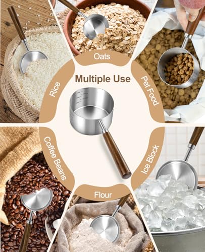 Stainless Steel Dog Food Scoop, Dog Food Measuring Cup With Measuring Lines (Cup/ML) & Long Wooden Handle, Metal Pet Food Scoop For Dogs, Cats and Kitchen Use, Dishwasher Safe (3/4 CUP) - size: 3/4 CUP