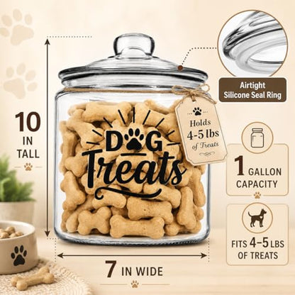 kitchentoolz 1-Gallon Glass Dog Treat Container Airtight – Large Countertop Dog Cookie Jar with Lid for Dog Treat Storage, Decorative Treat Jar & Dachshund Accessories - size: 1 Gallon