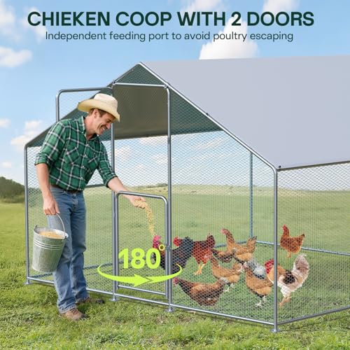 Large Metal Chicken Coop with Run, Waterproof & UV Protected Cover, Holds Up to 30 Chickens. Double Lock Doors, Spire Roof Design, Ideal for Hens, Ducks and Rabbits (13.1 x9.8 x 6.6 FT) - size: 157.0"L x 118.1"W x 78.7"H