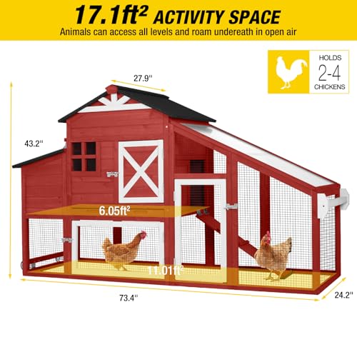 Aivituvin Chicken Coop Mobile Chicken House on Wheels Expandable Wooden Poultry Cage with Large Nesting Box Leakproof Pull-Out Tray Rabbit Hutch Bunny Cage,UV-Resistant Roof - size: Red 73.38"L x 27.9"W x 43.2"H
