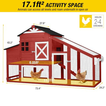 Aivituvin Chicken Coop Mobile Chicken House on Wheels Expandable Wooden Poultry Cage with Large Nesting Box Leakproof Pull-Out Tray Rabbit Hutch Bunny Cage,UV-Resistant Roof - size: Red 73.38"L x 27.9"W x 43.2"H