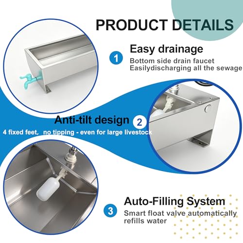 Automatic Livestock Waterer Drinking Trough Large Dog Water Bowl Dispenser 12 Gallon Stainless Steel with Float Valve for Cattle Chicken Goat Horse Pigs Poultry Outdoor Animals - size: 12 Gallon