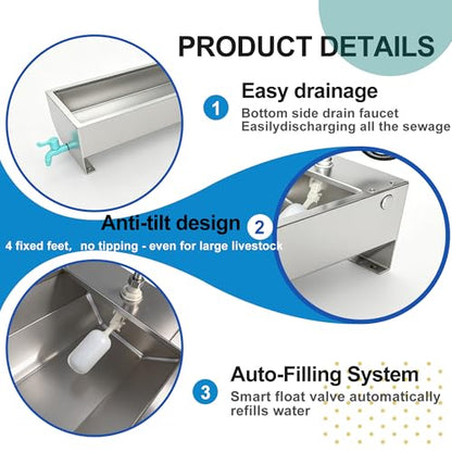 Automatic Livestock Waterer Drinking Trough Large Dog Water Bowl Dispenser 12 Gallon Stainless Steel with Float Valve for Cattle Chicken Goat Horse Pigs Poultry Outdoor Animals - size: 12 Gallon