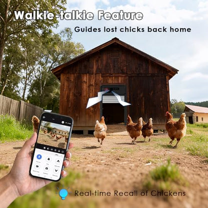 Automatic Chicken Coop Door with HD Camera and APP,Solar Chicken coop Door with Alarm Driver,Night Vision,Remote Controller,Timer,Intercom,Anti-Pinch,5000 mAh Rechargeable Battery