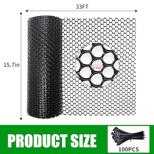 Black Plastic Chicken Wire mesh 15.7IN x 33FT,Plastic Chicken Wire Fencing,Poultry Netting,Plastic mesh for Garden,Balcony Fence,Chicken Wire Frame for Crafts, Floral Mesh.with 100 Ties - color: 33ft Black
