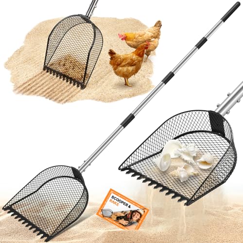 CAROD Metal Chicken Poop Scooper and Rake 2-in-1, Poop Chicken Scoop Sand with Stainless Steel Handle (43-73" Adjustable), Sifter Shovel Chicken Coop Sand Rake for Chicken Coops & Farm Animals - size: medium