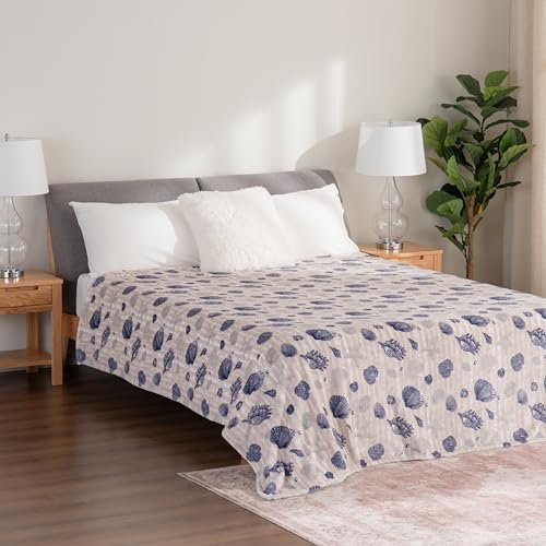 Berkshire Blanket-Classic Heavyweight Warm Soft Printed VelvetLoft® Plush Blanket, King Size Soft Fuzzy Blanket for Couch Sofa Bed, Classic Shells Navy, 90in x 108in - color: Classic Shells Navy, size: King/Cal King