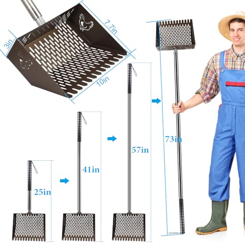 Kalekey Heavy Duty Chicken Coop Rake and Scoop, 15 Inch Extra Large Chicken Coop Rake with Adjustable Stainless Steel Handle (25 to 73 Inch)，Metal Multi-Use Cleaning Shovel for Coops, Beach（Brown） - color: Brown