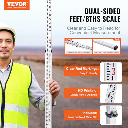VEVOR Aluminum Grade 14-Feet 4 Sections Telescopic Measuring Rod, Double-Sided Scale 1/8in Leveling Rod Stick with Bubble Level & Carrying Bag for Houses, Walls, Floors - size: 14 FT-8ths