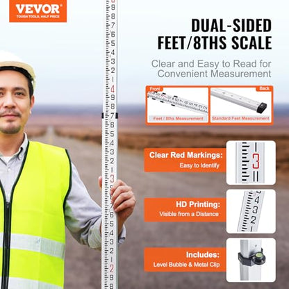 VEVOR Aluminum Grade 14-Feet 4 Sections Telescopic Measuring Rod, Double-Sided Scale 1/8in Leveling Rod Stick with Bubble Level & Carrying Bag for Houses, Walls, Floors - size: 14 FT-8ths
