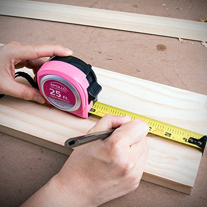 Apollo Tools Measuring Tape, 25 Foot Tape Measure with Retractable Blade, Fraction Markings, 1 Inch Nylon Blade, 8 Foot Standout, Lock Button and Belt Clip - Pink Ribbon - Pink - DT5002P - color: Red