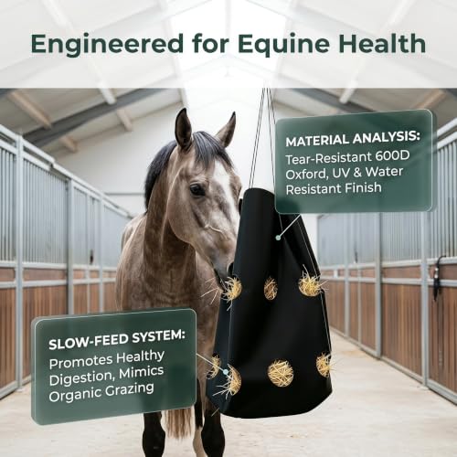 Horse Feed Bag - Large Capacity 600D Tear Resistant Fabric with Hanging Rope and Reinforced Metal Connection - Slow Feeder for Horses Goats and Sheep Used in Stalls Barns or Trailers