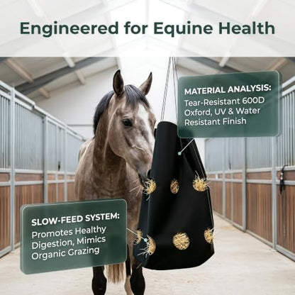 Horse Feed Bag - Large Capacity 600D Tear Resistant Fabric with Hanging Rope and Reinforced Metal Connection - Slow Feeder for Horses Goats and Sheep Used in Stalls Barns or Trailers