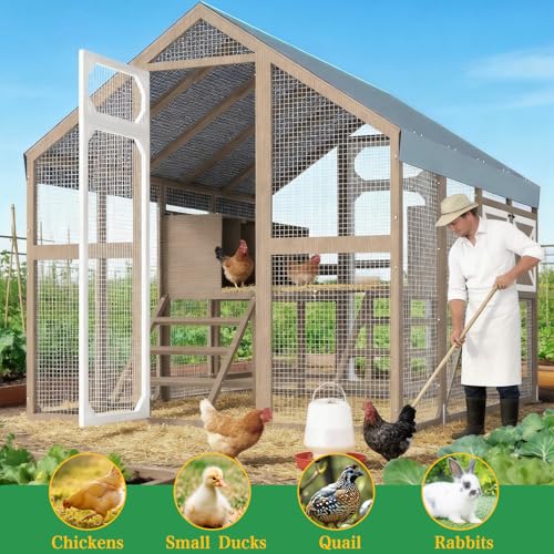 Large Wooden Chicken Coop, Walk-in Chicken Run with Waterproof Cover, Large Poultry Cage for Yard Farm Backyard Hen House, Duck Coop and Rabbit Run with Nesting Boxes, for 8–12 Chickens - size: 94.5"L x 70.0"W x 71.0"H