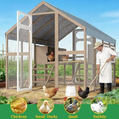Large Wooden Chicken Coop, Walk-in Chicken Run with Waterproof Cover, Large Poultry Cage for Yard Farm Backyard Hen House, Duck Coop and Rabbit Run with Nesting Boxes, for 8–12 Chickens - size: 94.5"L x 70.0"W x 71.0"H