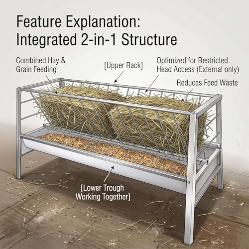 Heavy Duty 2 in 1 Hay Feeder, 59 Inch Weather Resistant Galvanized Steel Feeding Trough, Detachable Deep Pan Hay Grain Feeder, Easy to Assemble Outdoor Farm Feeder for Goats Sheep Calves