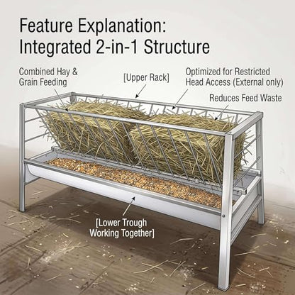 Heavy Duty 2 in 1 Hay Feeder, 59 Inch Weather Resistant Galvanized Steel Feeding Trough, Detachable Deep Pan Hay Grain Feeder, Easy to Assemble Outdoor Farm Feeder for Goats Sheep Calves