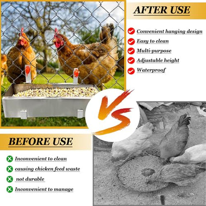 2 Pack Multifunctional Chicken Feeder, Hanging Chicken Feed Trough, Stainless Steel Trough, Chicken Feeder and Waterer Set, for Poultry Livestock. (40 * 11 * 7cm)