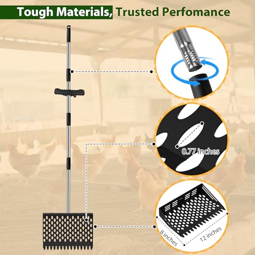 2 in 1 Chicken Poop Scooper & Rake, 12" Chicken Coop Scooper With Ergonomic Grip, Durable Chicken Scooper for Poop With 4 Length Adjustable Stainless Steel Handle(24 to 67") Litter Sifting Shovel