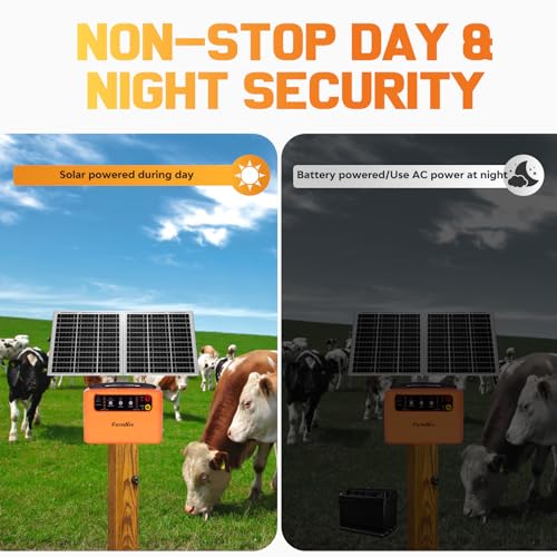 6-12KV Adjustable Output Solar Fence Charger,30 Miles Electric Fence Charger for Livestock,1.5J Solar Charger,15W Solar Electric Fence,24H Protection Solar Powered Electric Fence Kit - color: Orange