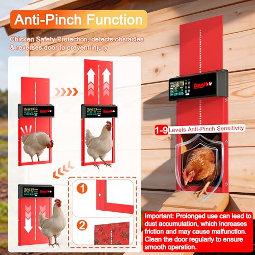 Solar Automatic Chicken Coop Door, Programmable Remote Control with 6 Modes, Aluminum Auto Chicken Door with Color LCD Display, Anti-Pinch Safety