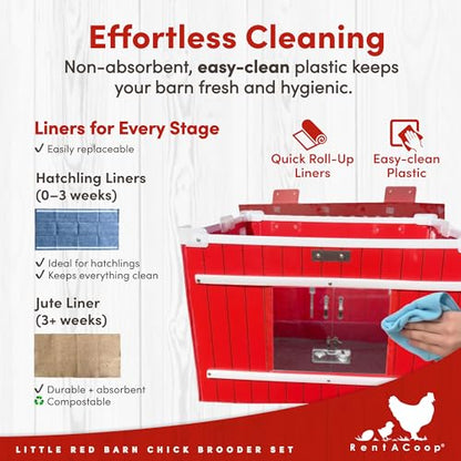 RentACoop Little Red Barn Chick Brooder Set | Durable, Lightweight, Easy-Clean, Multipurpose | with Heating Plate, Feeder, Waterer, Absorbent Hatchling Liners, Jute Liners, LED Light, Security Latch