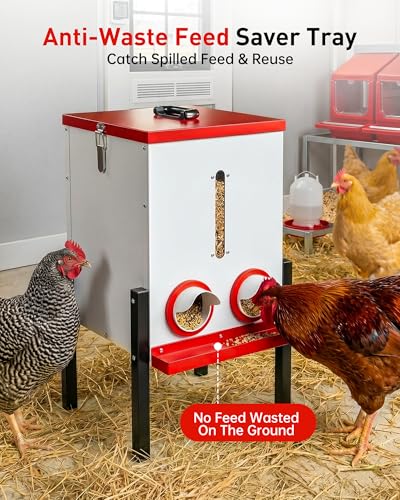 55 LBS Large Metal Chicken Feeder, 40L Automatic Poultry Feeder with 4 Feeding Ports, No Waste Catch Tray, Height Adjustable, Weatherproof for Chicken Coop Outdoor Backyard | 55 LBS Large Metal Chicken Feeder