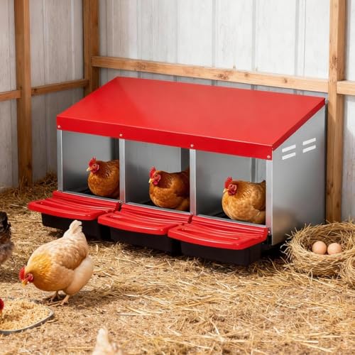 GAOMON 3 Compartment Metal Chicken Nesting Box with Roll Away Egg Collection Tray - Heavy Duty Galvanized Steel Hen Laying Boxes with Swing Perch, Wall Mount Poultry Nest Box for Chicken Coop & Farm