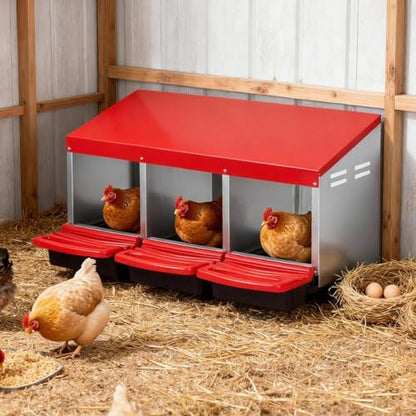 GAOMON 3 Compartment Metal Chicken Nesting Box with Roll Away Egg Collection Tray - Heavy Duty Galvanized Steel Hen Laying Boxes with Swing Perch, Wall Mount Poultry Nest Box for Chicken Coop & Farm