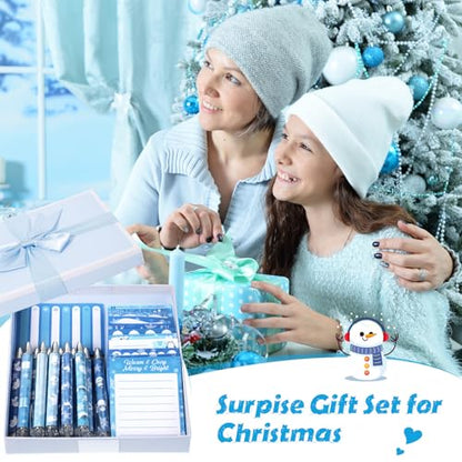 Dispowreath 24 Pcs Winter Sticky Notes with Pens Blue Snowflake Themed Gifts Self Adhesive Notepad Cute Memo Note Pads Black Ink Ballpoint Pen for Holiday Gifts Office Teacher Supplies - style: Blue Xmas