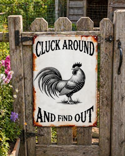 Cluck Around And Find Out Tin Sign Funny Chicken Coop Accessories for Home Farm Garden Courtyard Decor 8 X 12 Inch - size: QI-1