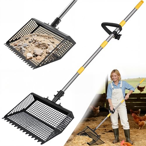 AsFrost 2-in-1 Chicken Poop Scooper & Rake,12" Heavy Duty Litter Scooper Sand Sifting Shovel for Chicken Coop & Pet Waste Cleaning, Adjustable 26" to 76" Stainless Steel Handle for Small Farm & Sand