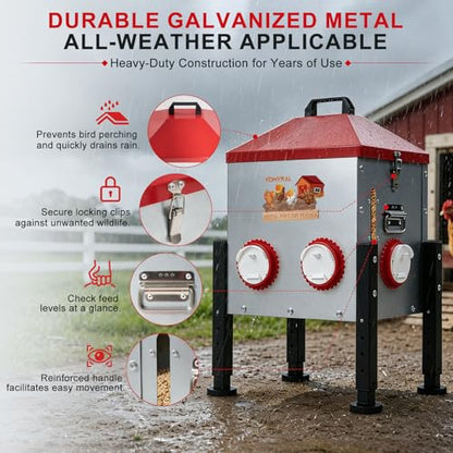 Automatic Chicken Feeder, 40LB Large Chicken Feeder with 6 Feeding Ports, No Waste Metal Poultry Feeder, Rat Proof Design, View Window, Height-Adjustable Legs for Ducks, Geese & Chickens - size: 6 Ports - Max 40 lb