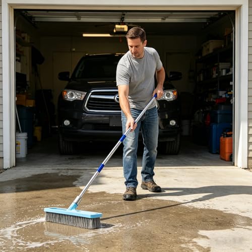 60'' Stainless Steel Deck Scrub Brush with Long Handle - Heavy Duty Floor Scrubber for Concrete, Grout, Garage, Patio, Boat & Garden - Stiff Bristle Broom for Moss, Tough Stains & Dirt Removal