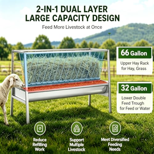 98 Gal Livestock Hay Feeder, Quick Bolt Easy Installation, Angled Grid Structure, Elevated 2-in-1 Trough, Multi Animal Use for Ranch Pasture Barn Daily Feeding