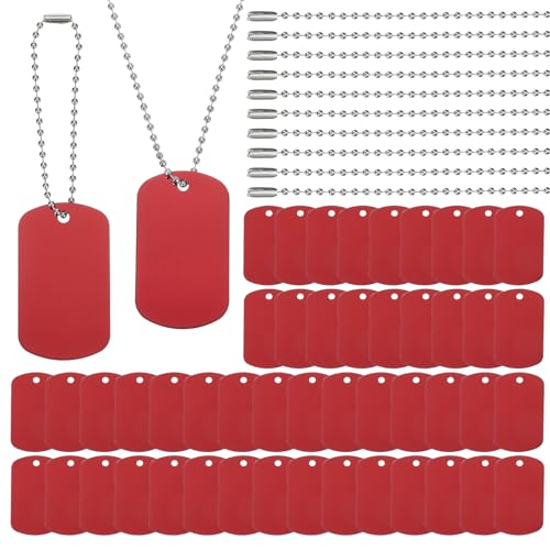 PATIKIL 100 Pcs Blank Dog Tags Set, Including 50 Pcs Aluminum Metal Stamping Rectangle Label 50 Pcs Ball Steel Chain for DIY Decor Laser Engraving Necklace, Red - color: Red