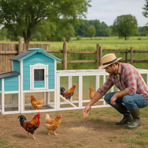 122" Large Chicken Coop for 3–6 Chickens, Outdoor Poultry Cage with Nesting Box, Ramp & Enclosed Run, Weatherproof Wood Hen House with Asphalt Roof, Pull-Out Tray & Predator-Proof Wire - color: Blue
