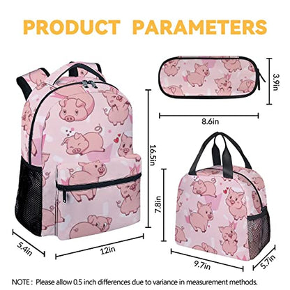 Pig Backpack with Lunch Box and Pencil Case, 16 Inch Cute Pig Bookbag Durable, Lightweight, Large Capacity, Funny Animal Backpack for School Girls Kids Women - color: Style-3-2