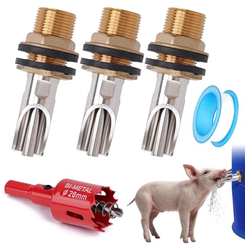Pig Nipple Waterer for Barrel Kit Stainless Steel Pig Drinker Feeder with Brass Water Tank Connector Kit Automatic Pig Waterer System for Hog Goat Sows Piglets (3 Pig Drinker)