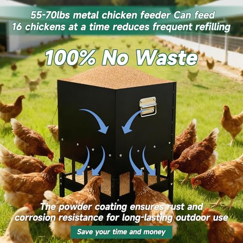 55-70LBS Large Chicken Feeder No Waste 16-Ports Automatic with Magnetic Baffle to Prevent Rodents and Mice Large Poultry Feeder Adjustable Height Suitable for All Poultry, Weatherproof - color: 55-70LBS