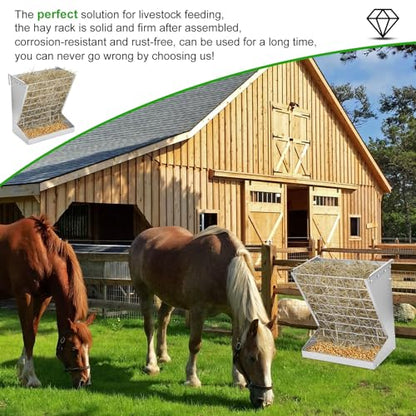 Wall Mount Hay Rack, Goat and Sheep Feeder, Hanging Feeder, Heavy Duty Galvanized Metal 2-in-1 Hay and Grain Feeders, Distance Adjustable Livestock Feeders, Hay Feeders for Goats, Sheep, Horses