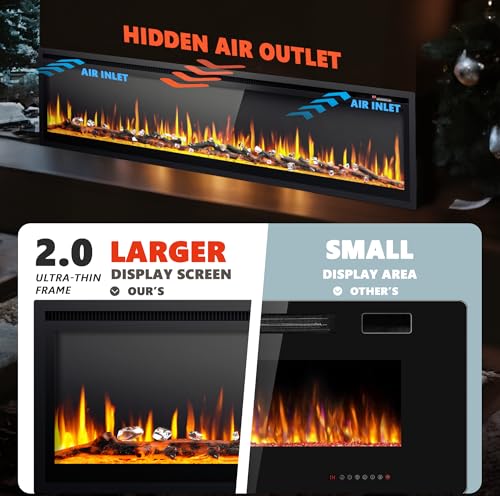 EUHOMY 73 inch Electric Fireplace Recessed Wall Mounted Freestanding with Remote Control, Ultra-thin Fireplace Heater with Adjustable Flame Color, Linear Fireplace with Timer, Log & Crystal, 750/1500W - size: 73 Inch Premium