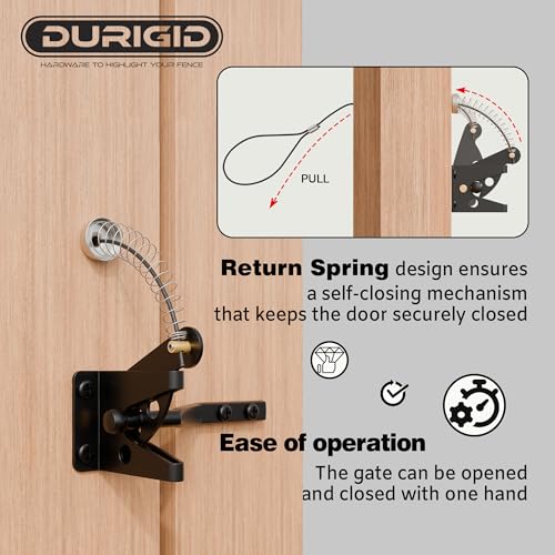 Spring Loaded Gate Latch Pull String Fence Gate Latch, Fingertip Release Self Latching Gate Latches, Small Gate Latch for Wooden Fence, Vinyl Door, Aluminum Gate, 1 Pack, Black