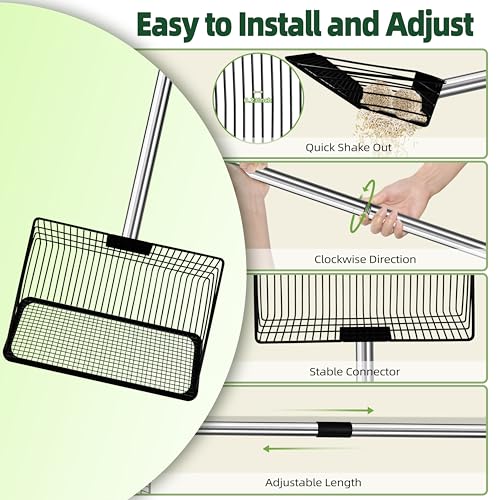 10" Upgrade and Reinforcement Stainless Steel Manure Scoop w/4-in-1 Adjustable Handle (36.6"-62"), Ergonomic Sifter Shovel for Chicken Coop, Cat Litter, Pet Waste Cleaning Tools