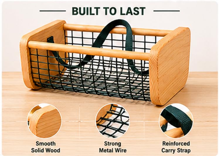 Garden Hod Harvest Basket – Wood & Wire Harvest Basket for Collecting Vegetables, Fruits, Flowers & Eggs, Rustic Farmhouse Basket with Solid Wood Ends for Garden, Kitchen Storage & Decorative Display