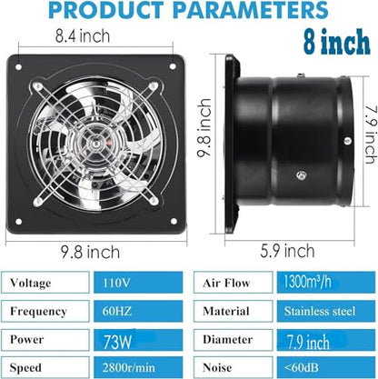 Exhaust Fan 78W Through-wall installation Ventilation Fans 110V Exhaust Fan with Plug 8 inch Exhaust Smoke Fan with Pure Copper Motor for Kitchen Shopping Mall（Black） - style: 8 inch