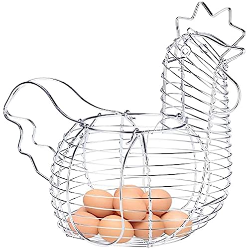 Metal Wire Egg Baskets Chicken Shaped Egg Holder for Eggs, Chicken Shaped Egg Holder, Rustic Round Baskets Gathering Egg with Handle