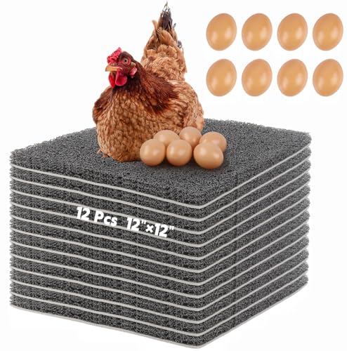 12 Pcs Nesting Pads for Chicken Coop, 12x12 Inch Washable Plastic Nesting Box Liners with 6 Fake Eggs, Reusable Laying Mats for Hens, Chicken Coop Accessories